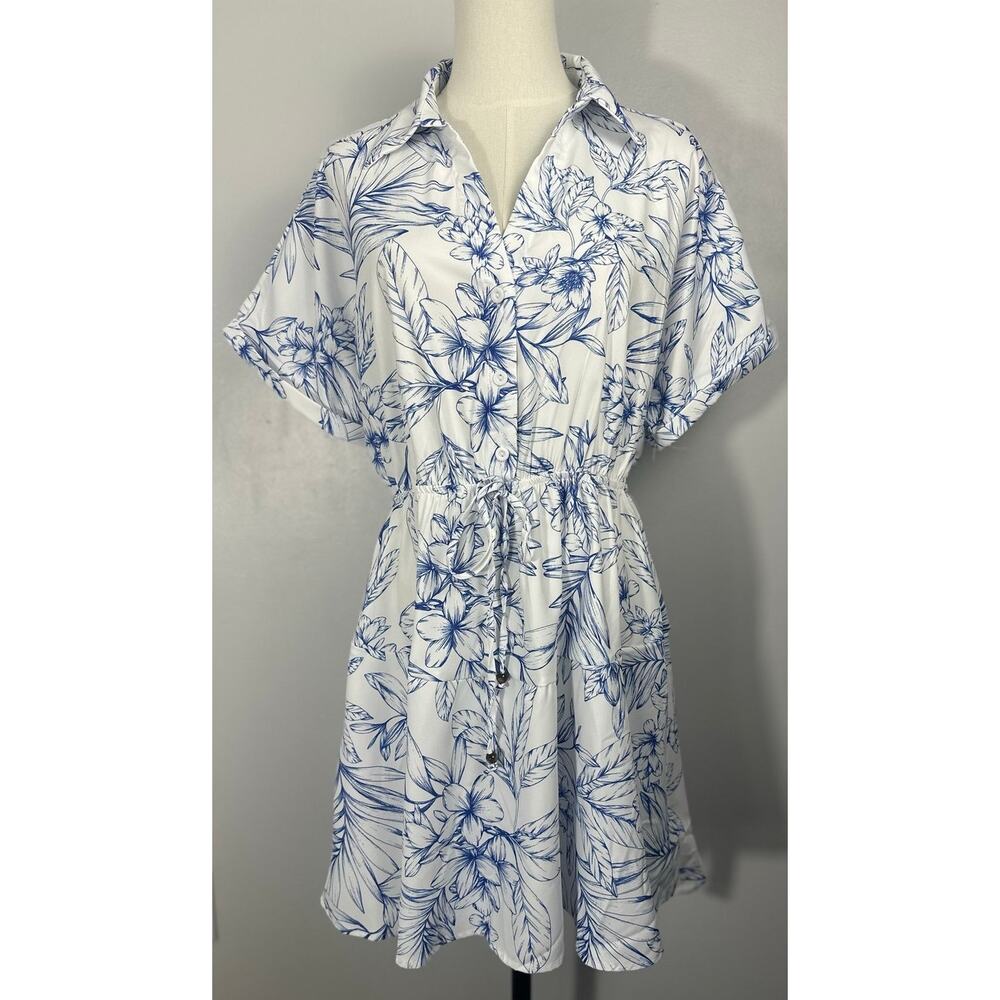 CUPSHE Tropical Floral Shirt Dress Blue White Resort Vacation Coastal NWT Size ?